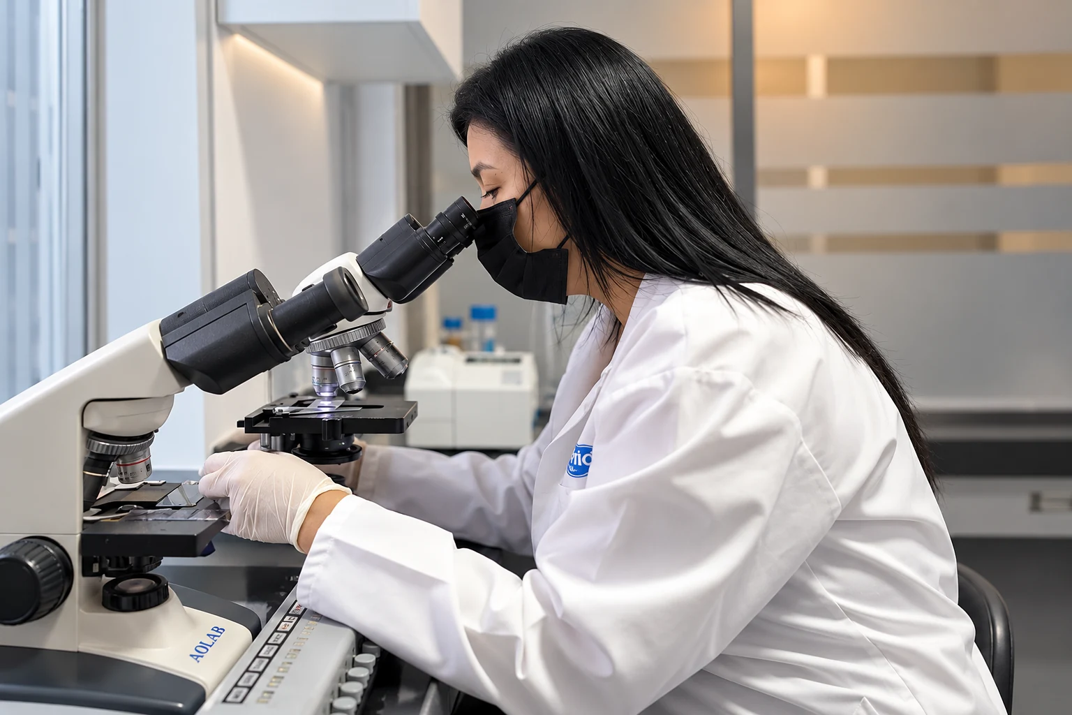 Profesional de laboratorio observando muestras en un microscopio