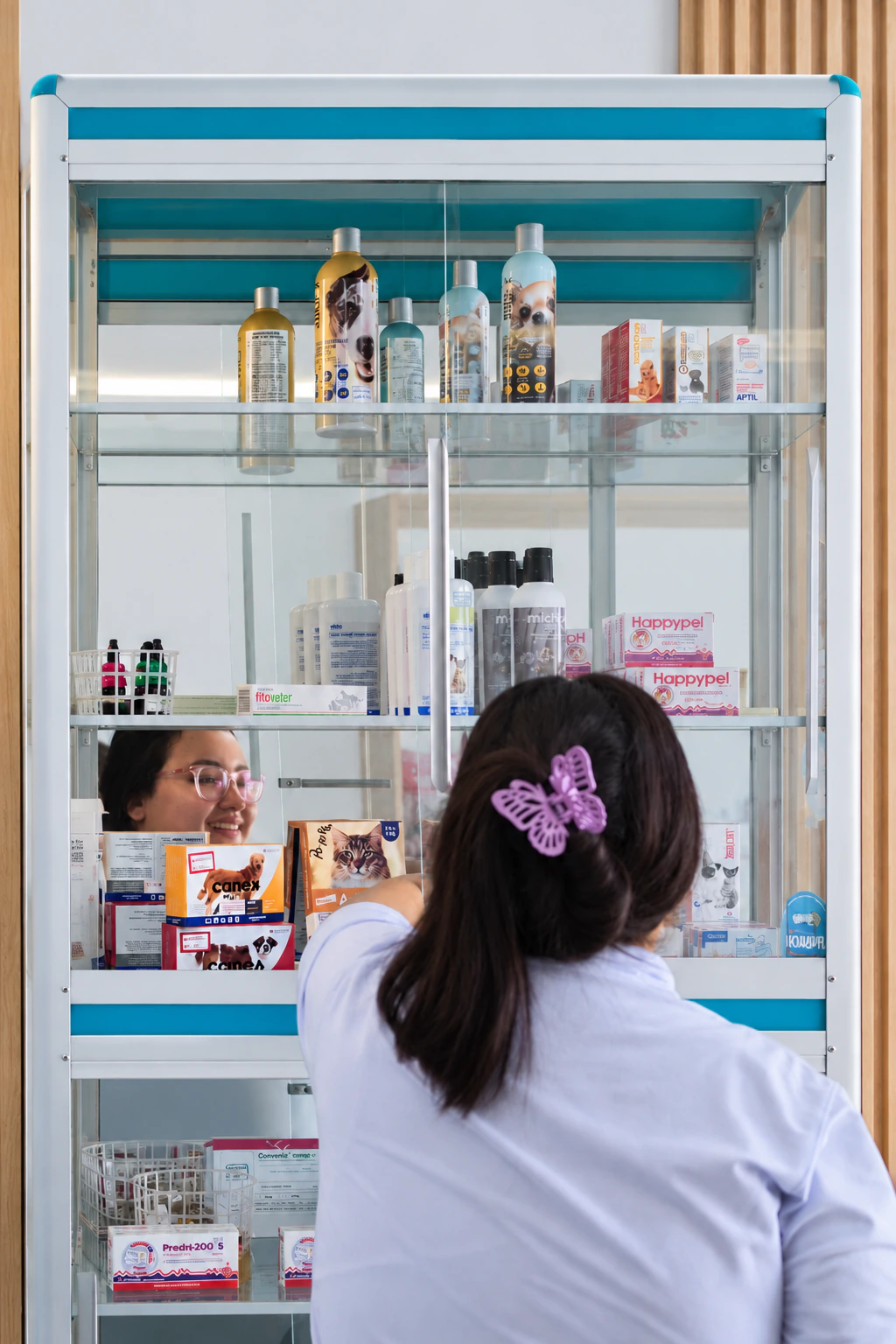 Equipo de Medifauna organizando productos veterinarios en la farmacia